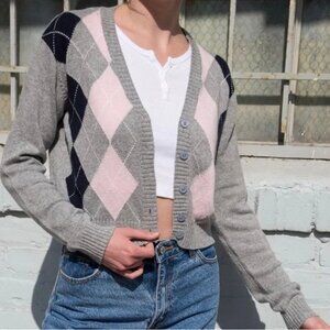 Brandy Melville Argyle Cardigan Grey/Pink